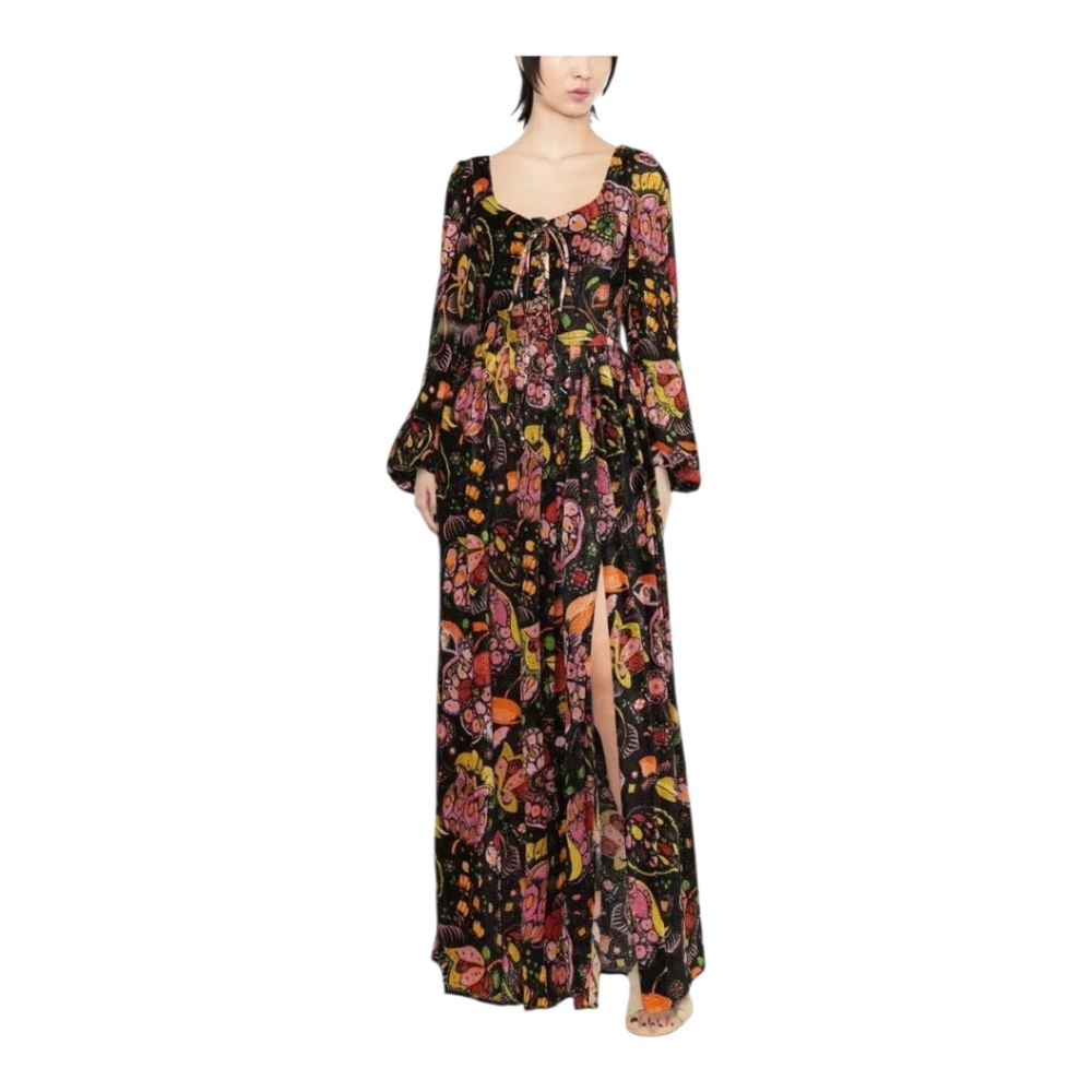 La DoubleJ Wanderlust Dress Eden Devore Velvet Black Orange Maxi Dress Size XS